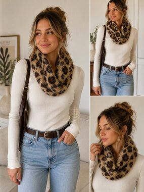 Amanda Blu Fuzzy Leopard Print Infinity Scarf Tan Brown Animal Print